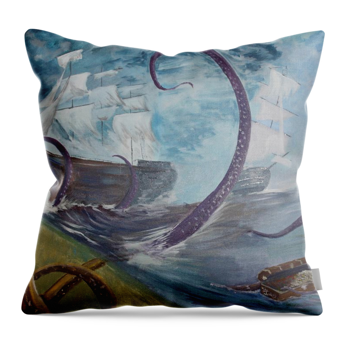 Kraken Throw Pillow featuring the painting Unleash the Kraken by Mike Jenkins