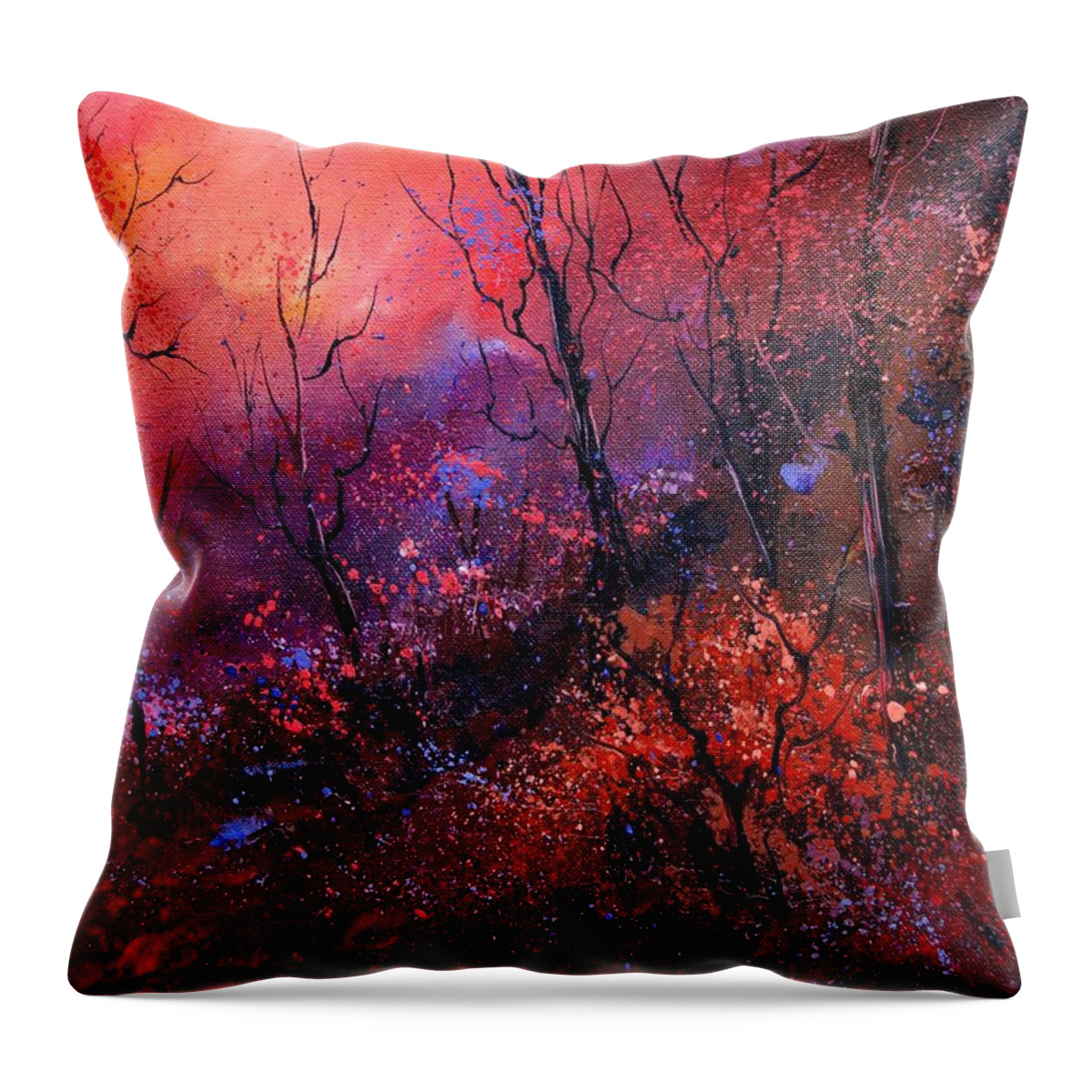 Wood Sunset Tree Throw Pillow featuring the painting Unset In The Wood by Pol Ledent