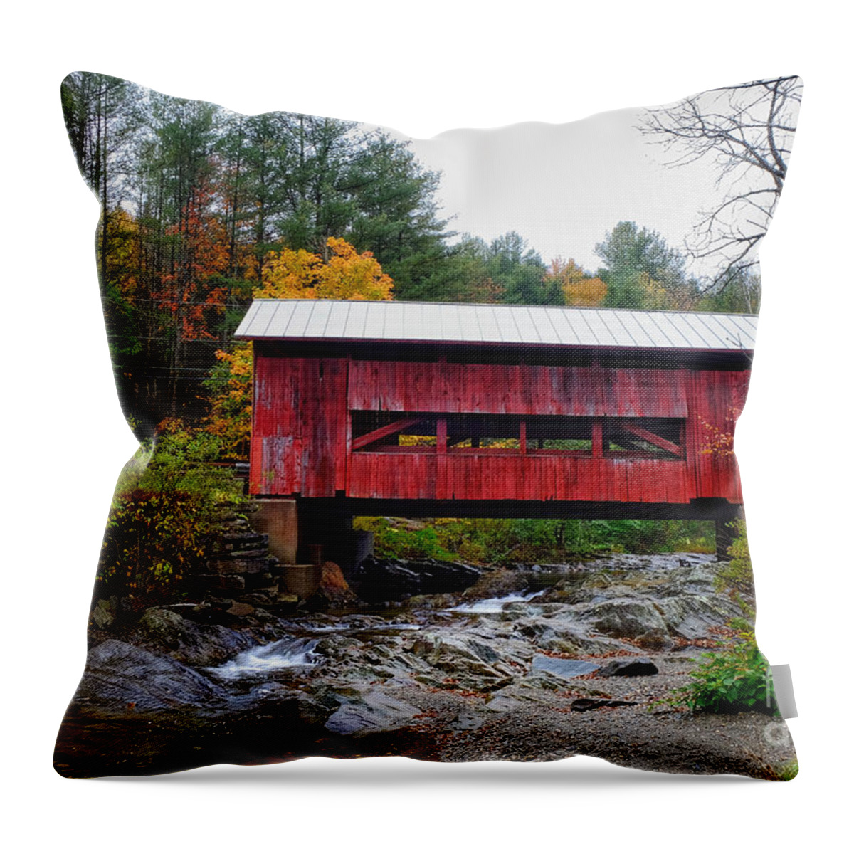 Covered Bridge Throw Pillow featuring the photograph Upper Cox Brook Covered Bridge in Northfield Vermont by T Lowry Wilson