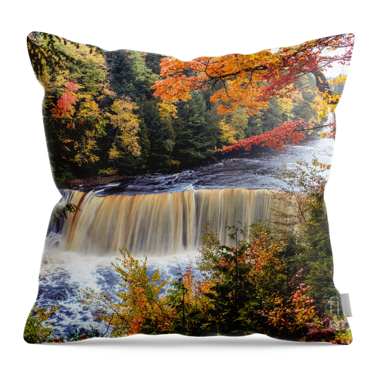 Upper Tahquamenon Falls Throw Pillow featuring the photograph Upper Tahquamenon Waterfalls On An Autumn Day by Norris Seward