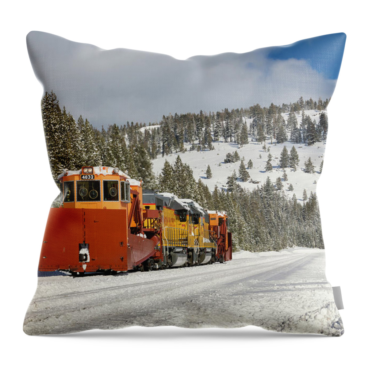 Donner Pass Throw Pillow featuring the photograph UPRR Jordan Spreaders SPMW 4031 and SPMW 4033 at Soda Springs by Jim Thompson