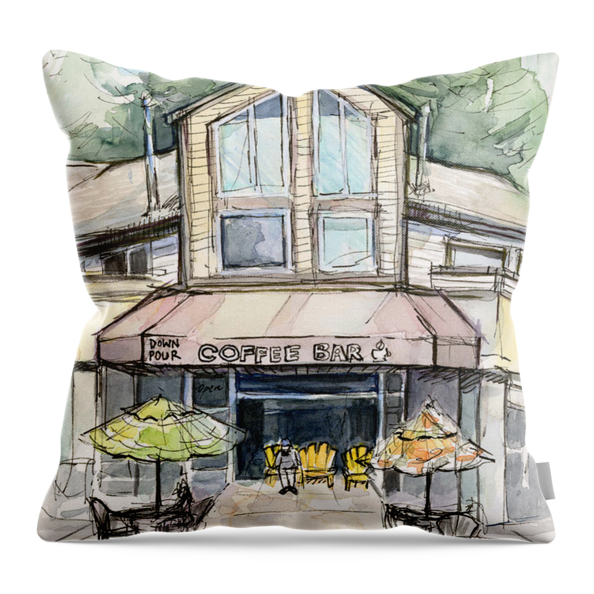 Bridle Trails Throw Pillow featuring the painting Coffee Shop Watercolor Sketch by Olga Shvartsur