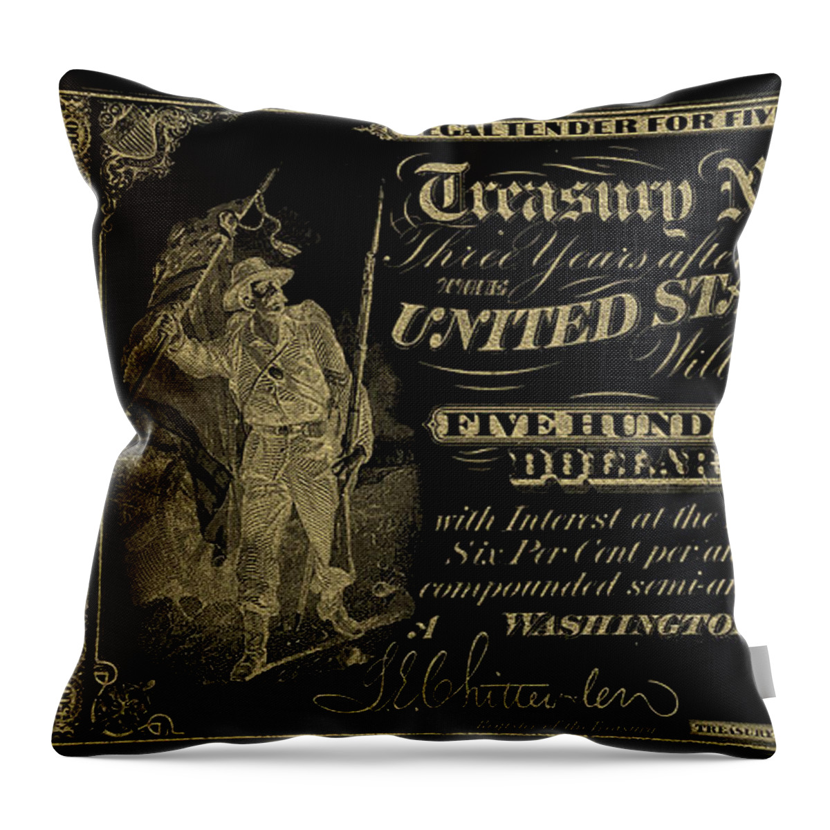 'paper Currency' Collection By Serge Averbukh Throw Pillow featuring the digital art U.S. Five Hundred Dollar Bill - 1864 $500 USD Treasury Note in Gold on Black by Serge Averbukh
