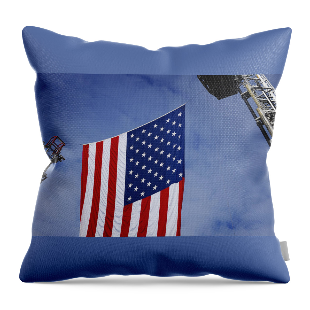  Flag Throw Pillow featuring the photograph United States Flag Between Fire Ladders by Phil Cardamone