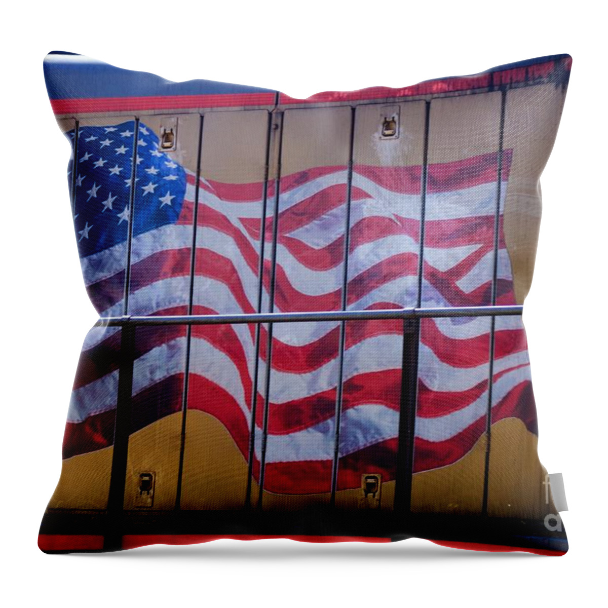 Flag Throw Pillow featuring the photograph US Flag on Side of Freight Engine by Thomas Marchessault