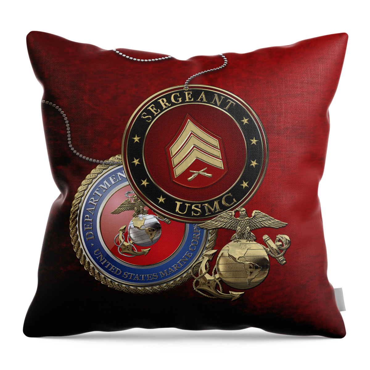 Military Insignia 3d By Serge Averbukh Throw Pillow featuring the digital art U. S. Marines Sergeant - U S M C Sgt Rank Insignia over Red Velvet by Serge Averbukh