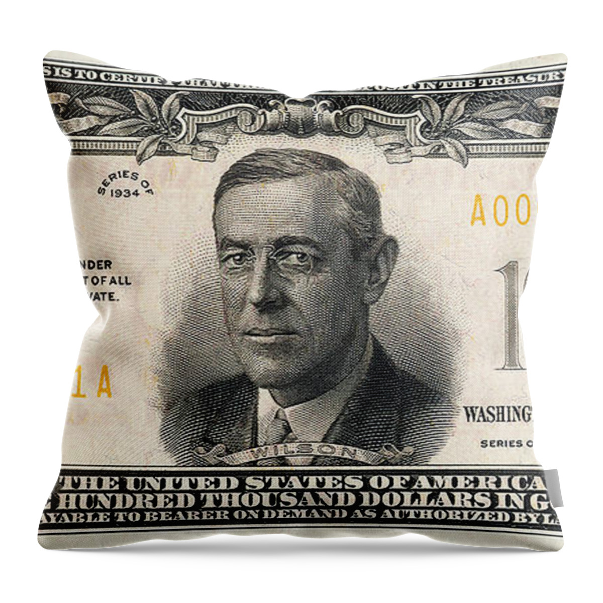 'paper Currency' Collection By Serge Averbukh Throw Pillow featuring the digital art U.S. One Hundred Thousand Dollar Bill - 1934 $100000 USD Treasury Note by Serge Averbukh