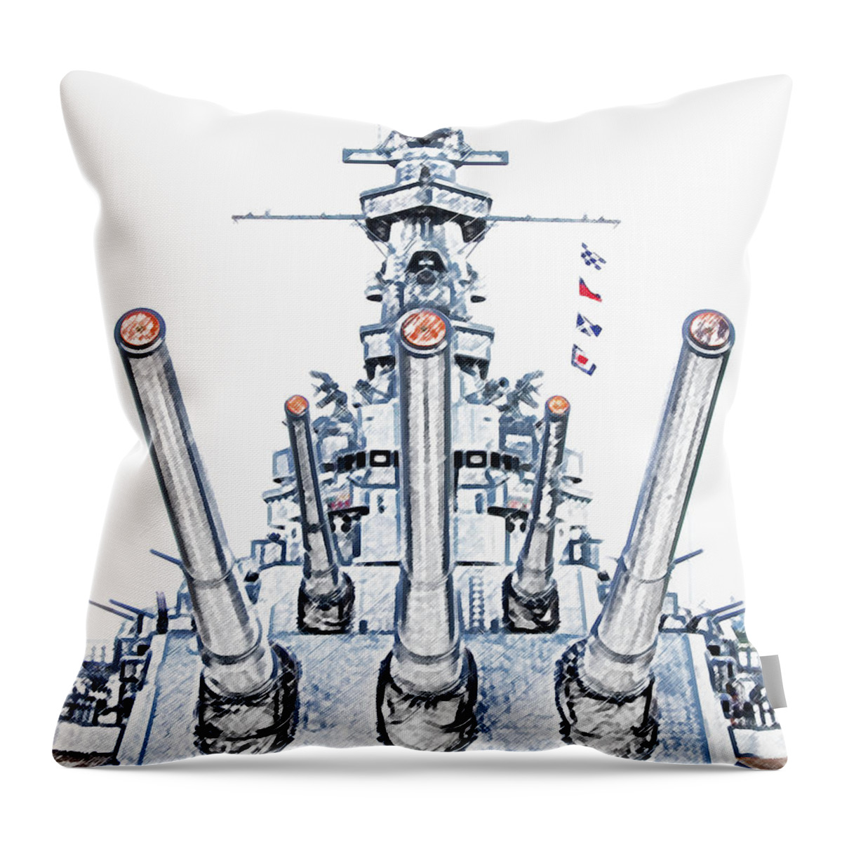 Uss Alabama Throw Pillow featuring the photograph USS Alabama Battleship Guns Tower and Flags Mobile Alabama Colored Pencil Digital Art by Shawn O'Brien