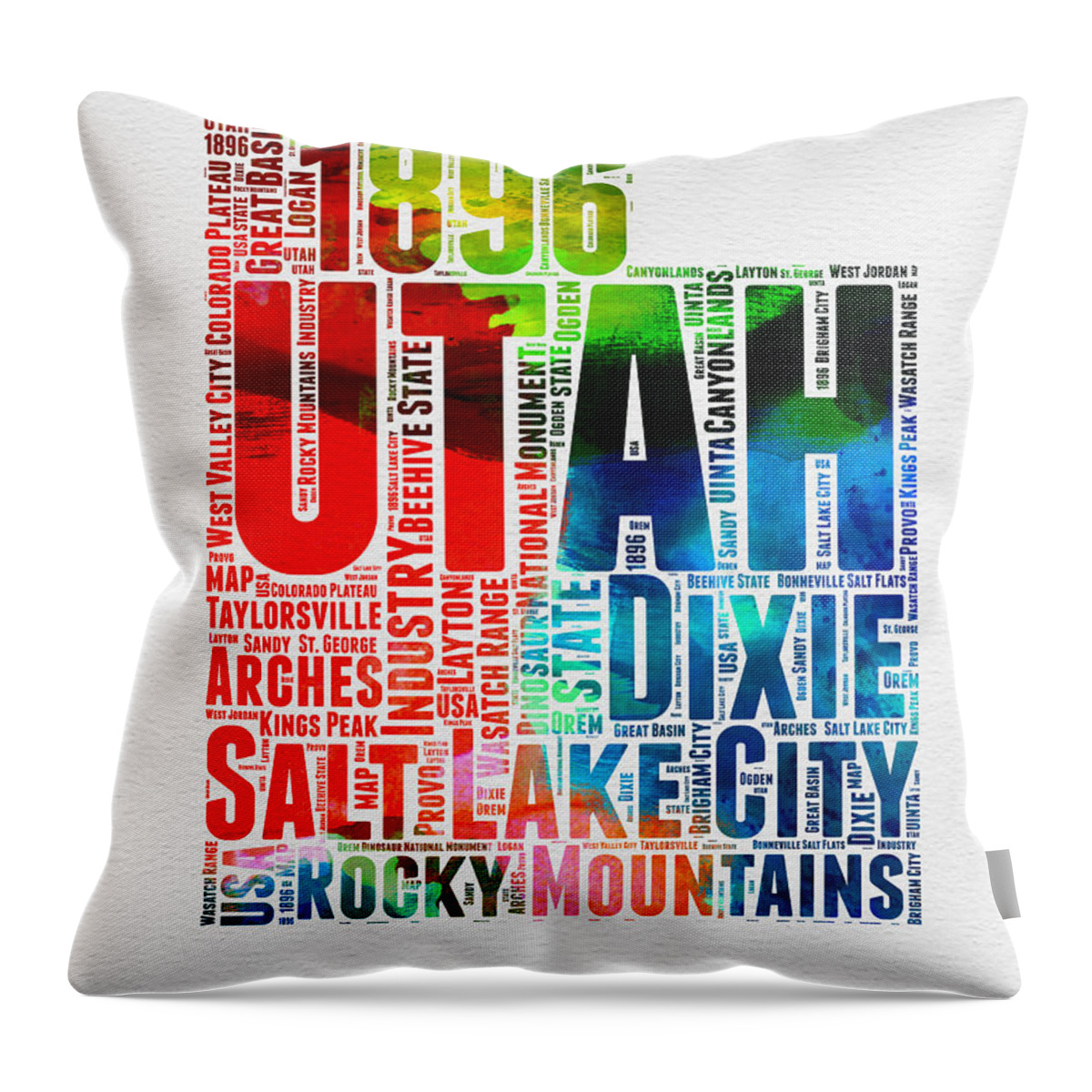Utah Throw Pillow featuring the digital art Utah Watercolor Word Cloud Map by Naxart Studio