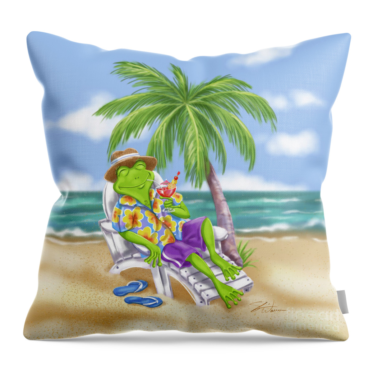 Frogs Throw Pillow featuring the mixed media Vacation Relaxing Frog by Shari Warren