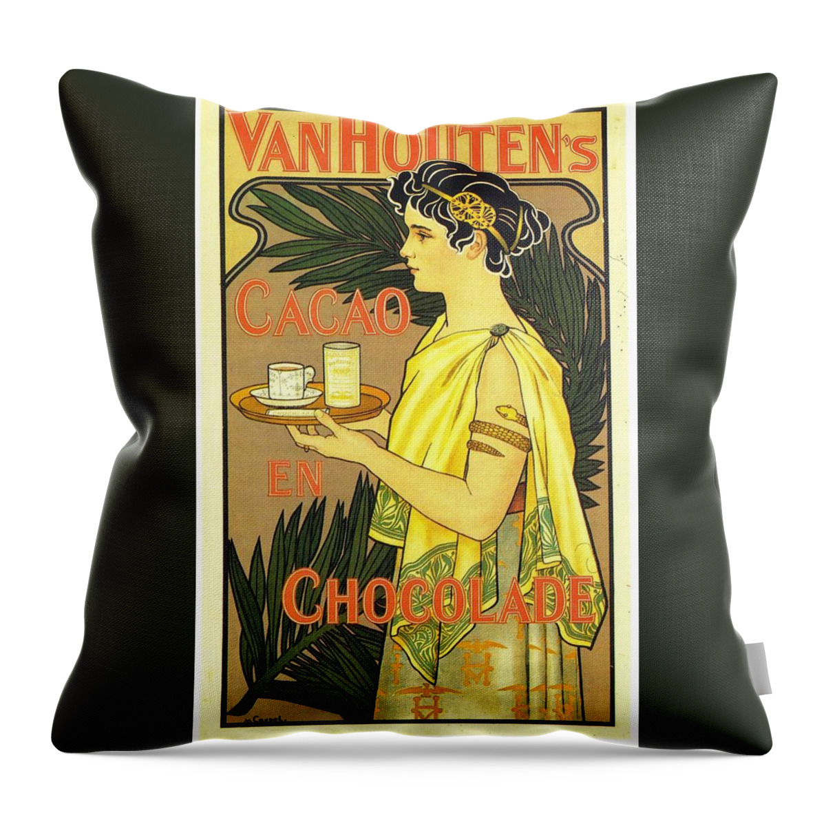 Vanhouten's Throw Pillow featuring the mixed media Van Houten's Cacao En Chocolate - Vintage Chocolate Advertising Poster by Studio Grafiikka