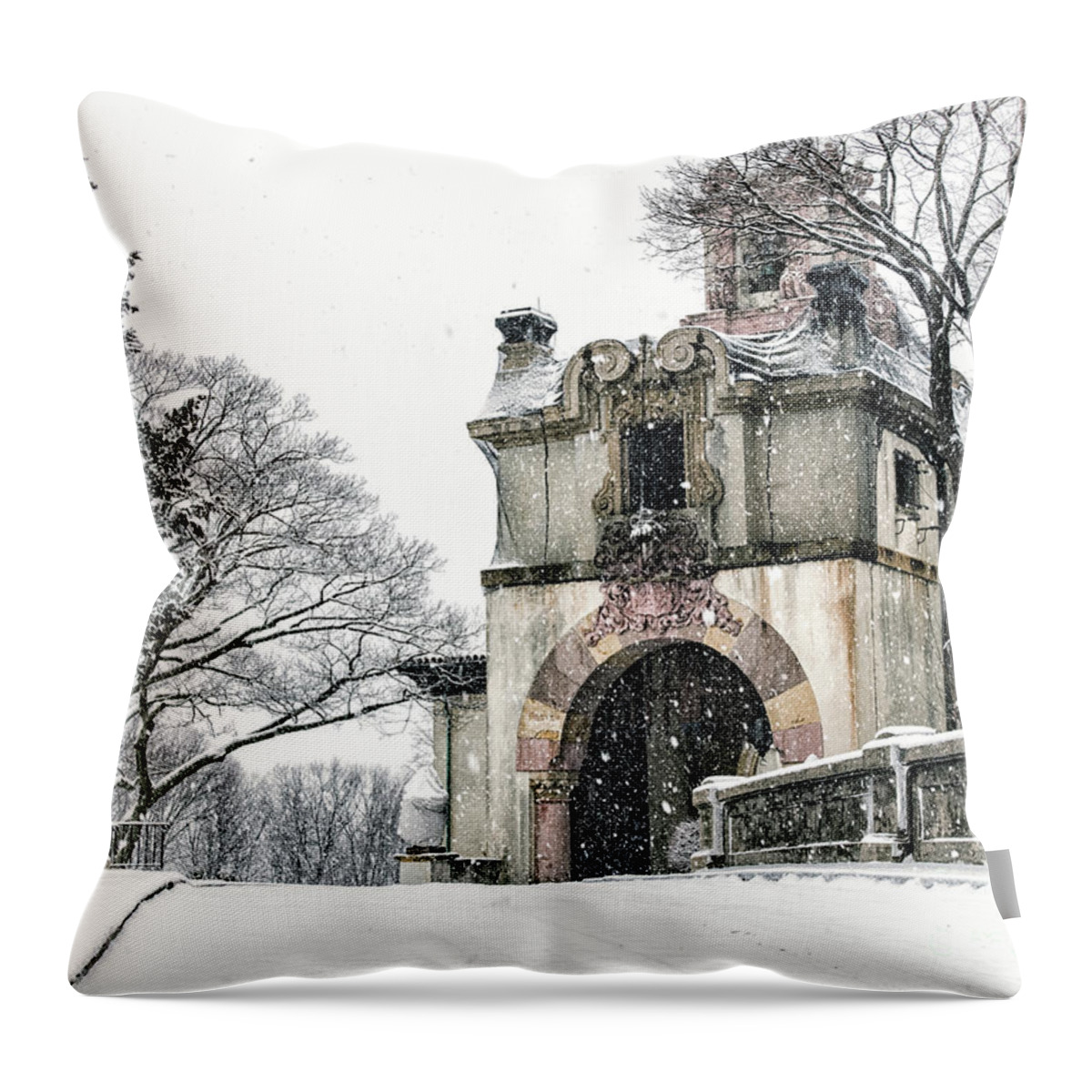 Vanderbilt Throw Pillow featuring the photograph Vanderbilt Mansion during the Snow by Alissa Beth Photography