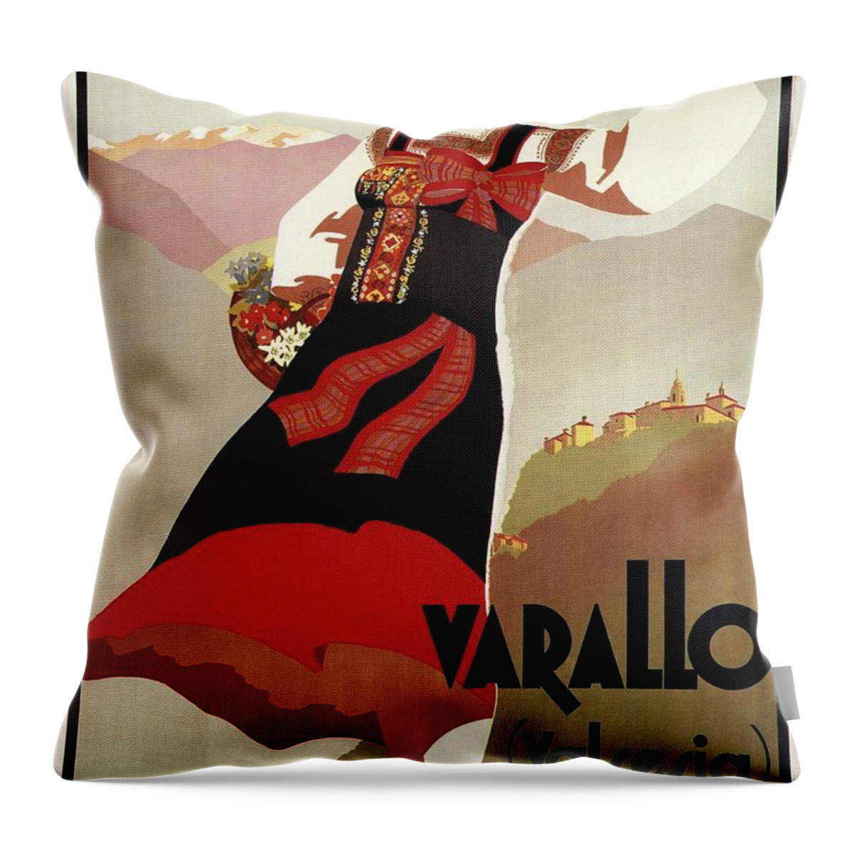 Varallo Throw Pillow featuring the mixed media Varallo, Valsesia, Italy - Woman in Traditional Dress - Retro travel Poster - Vintage Poster by Studio Grafiikka