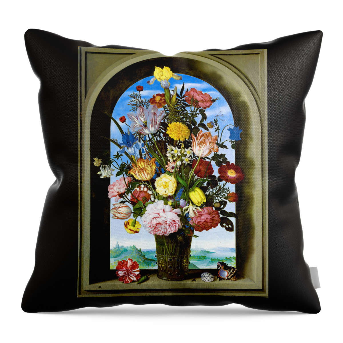 Ambrosius Brosschaert The Elder Throw Pillow featuring the painting Vase of Flowers in a Window by Ambrosius Brosschaert the Elder