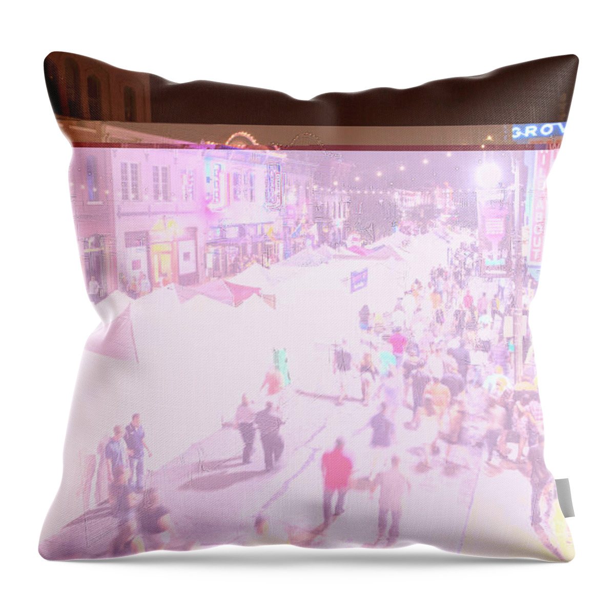 Pecan Street Festival Throw Pillow featuring the photograph Vendor tents line the streets during the Pecan Street Art Festival as thousands of people fill the streets and go bar hopping on 6th Street by Dan Herron