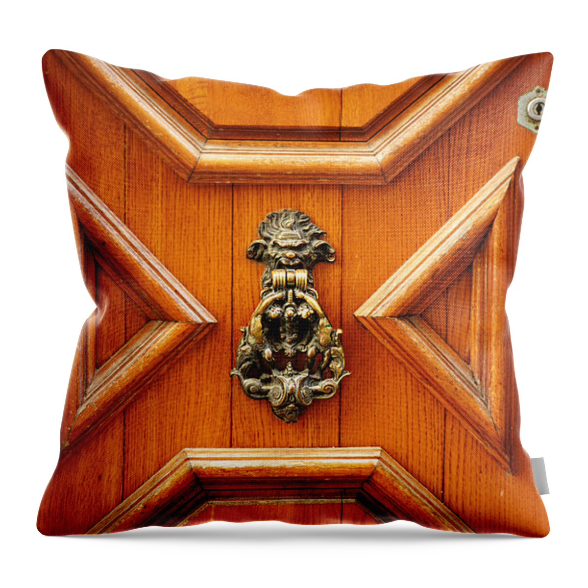 Door Throw Pillow featuring the photograph Venice Geometric Oak Wood Door And Brass Knocker by Suzanne Powers