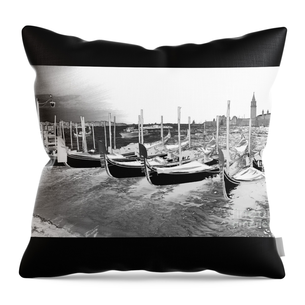 Gondolas Throw Pillow featuring the photograph Venice gondolas silver by Rebecca Margraf