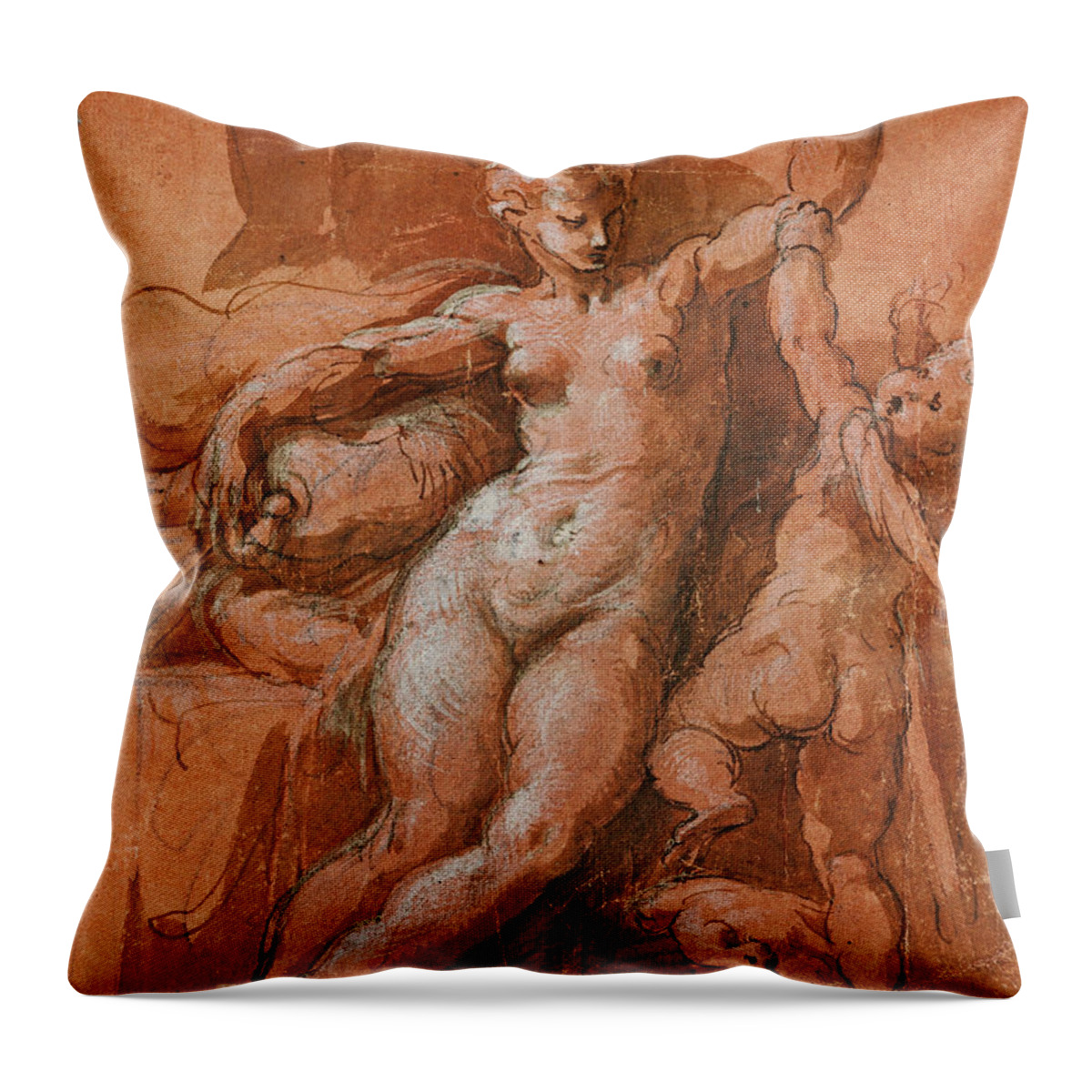 Parmigianino Throw Pillow featuring the drawing Venus Disarming Cupid by Parmigianino