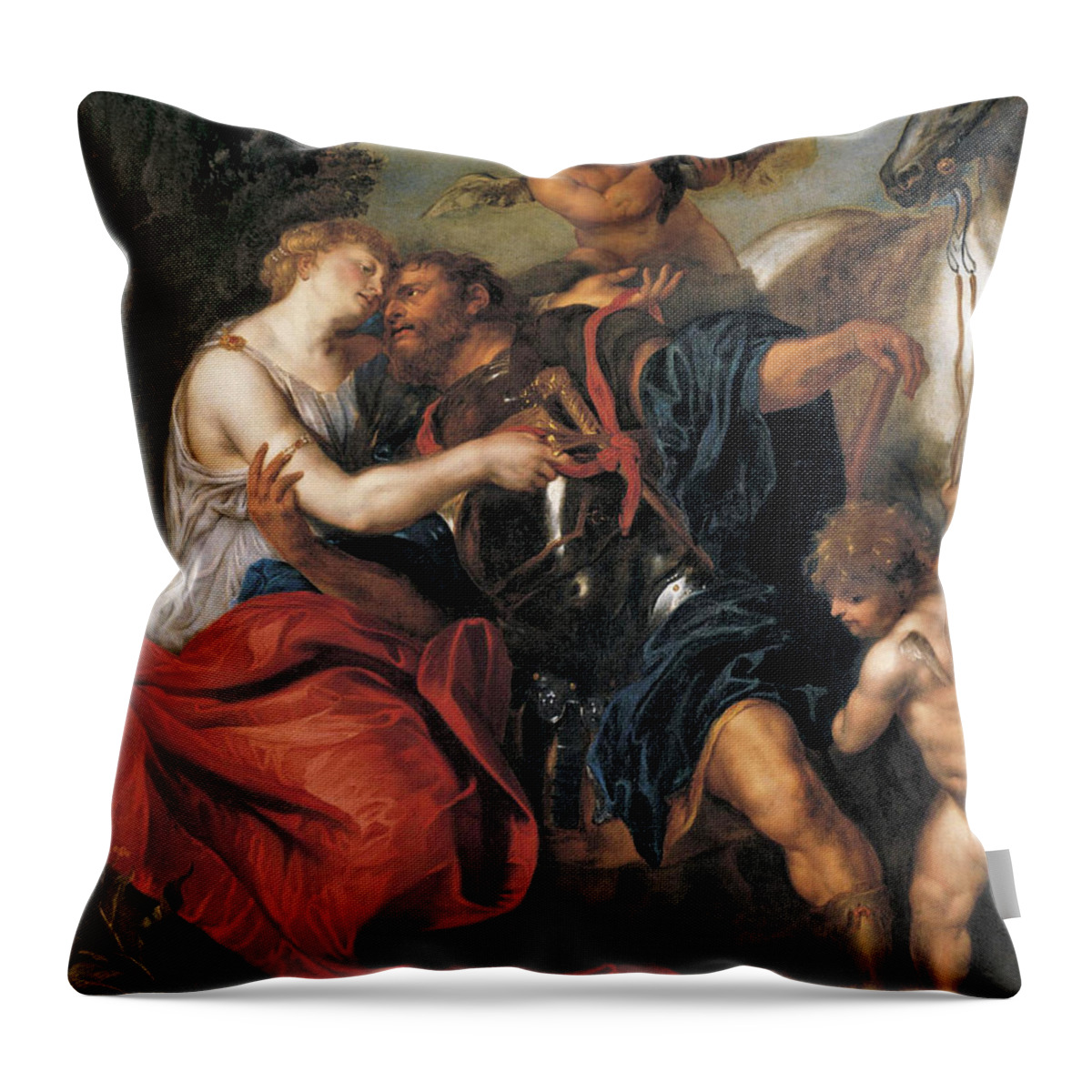 Studio Of Anthony Van Dyck Throw Pillow featuring the painting Venus disarming Mars by Studio of Anthony van Dyck