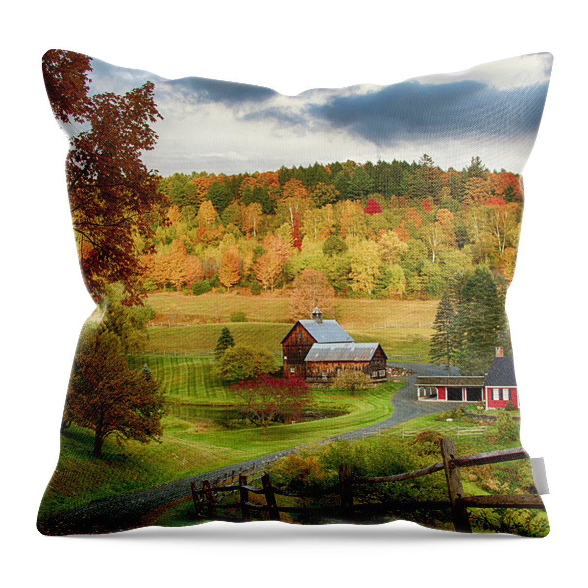 Sleepy Hollow Farm Throw Pillow featuring the photograph Vermont Sleepy Hollow in fall foliage by Jeff Folger