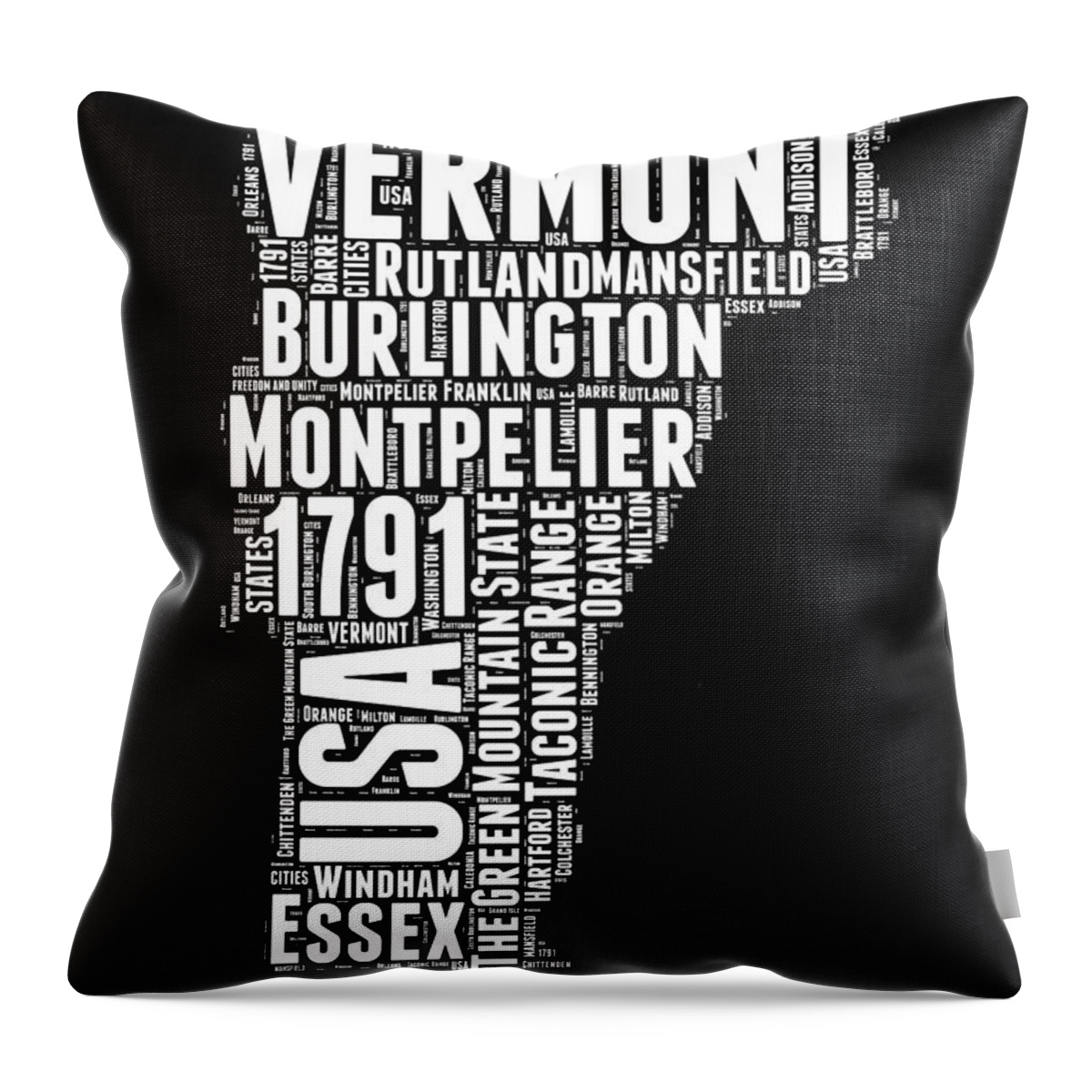 Vermont Throw Pillow featuring the digital art Vermont Word Cloud Black and White Map by Naxart Studio