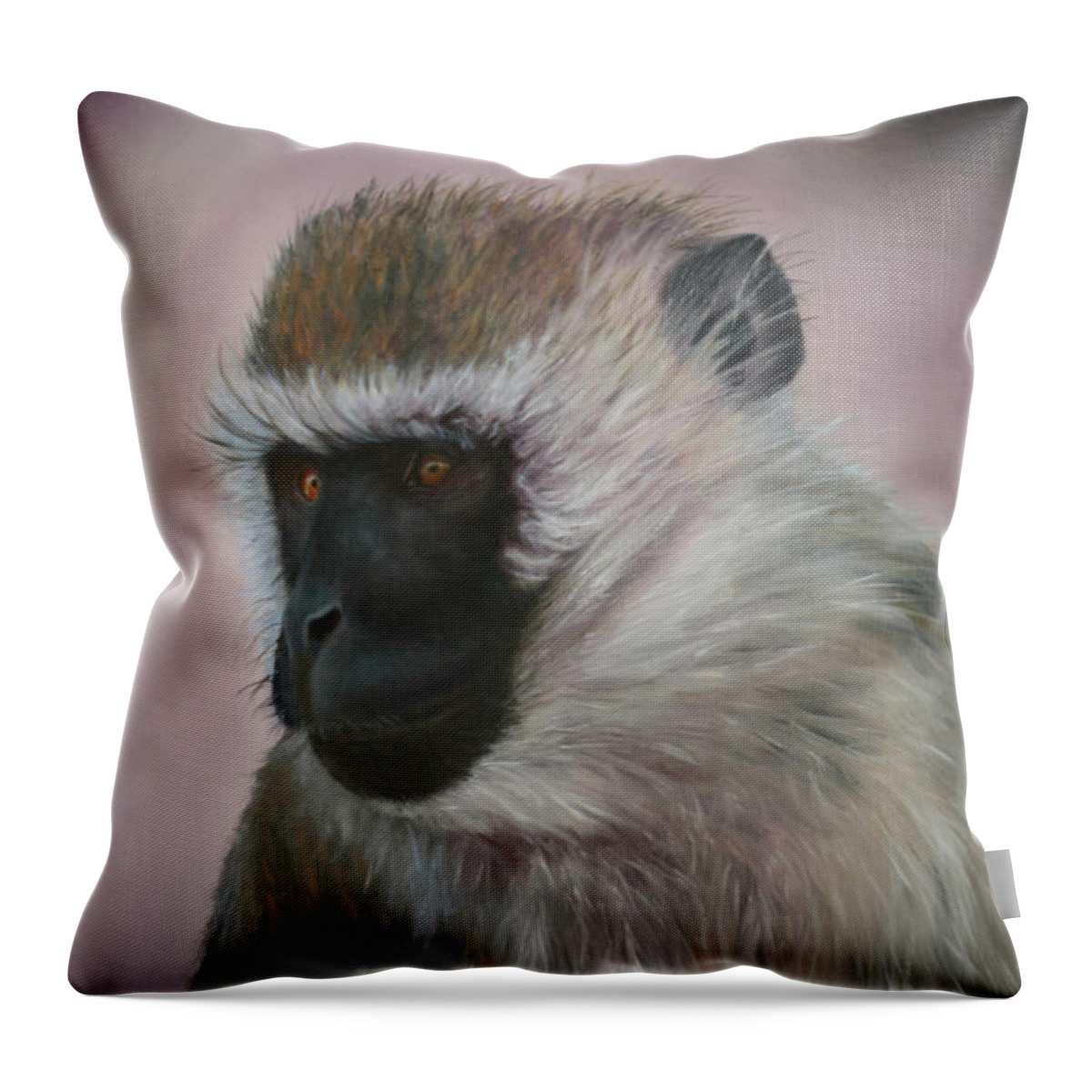 Vervet; Contemplation; Wild Animal; Fur Throw Pillow featuring the painting Vervet by Marg Wolf