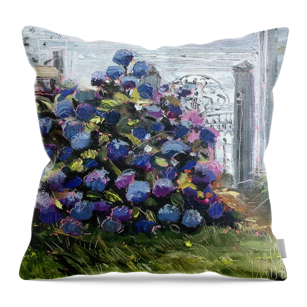 Hydrangea Painting Throw Pillow featuring the painting Very Blue Hydrangea by Maggii Sarfaty