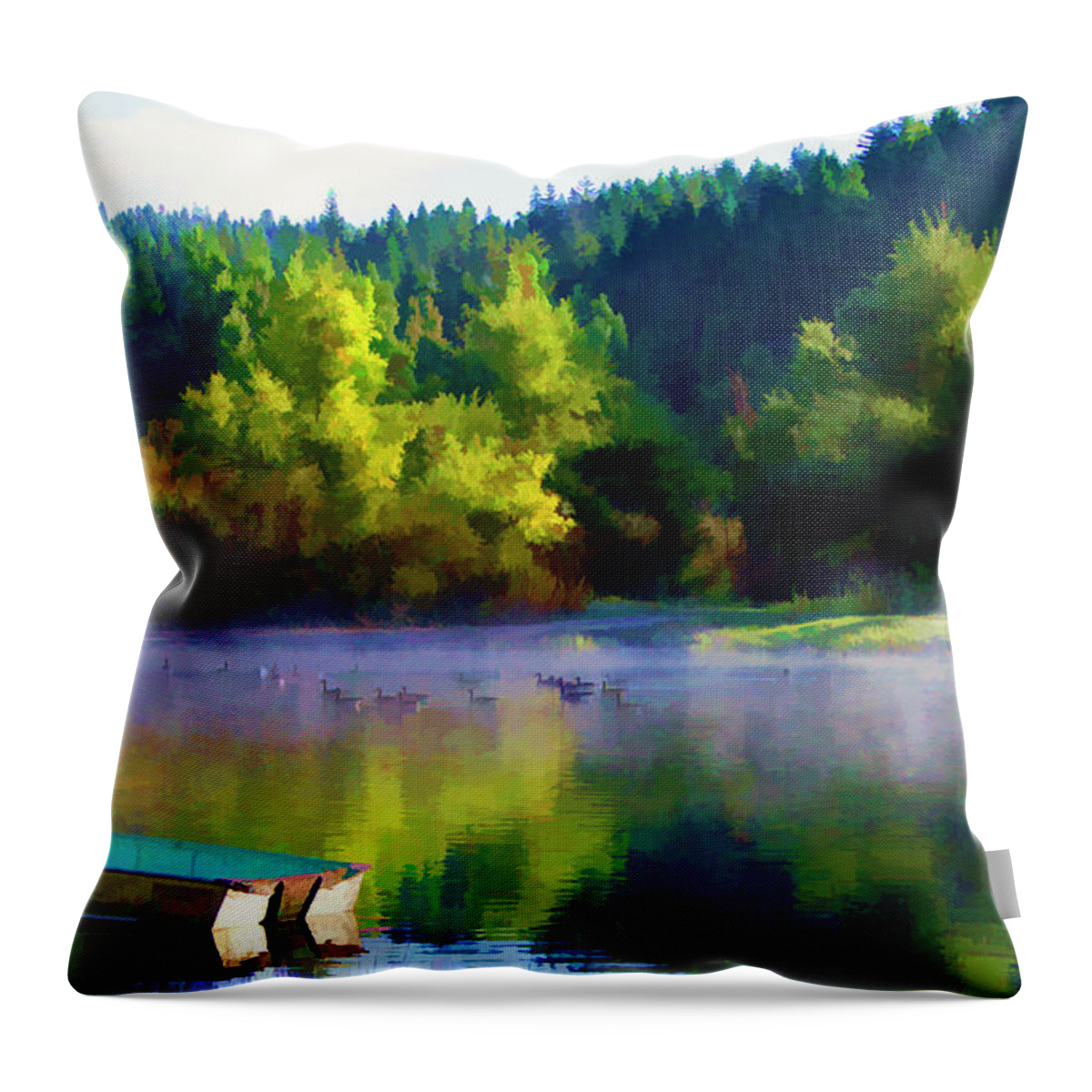 Landscape Throw Pillow featuring the photograph Vibrant Color Pond Boat Geese by Chuck Kuhn
