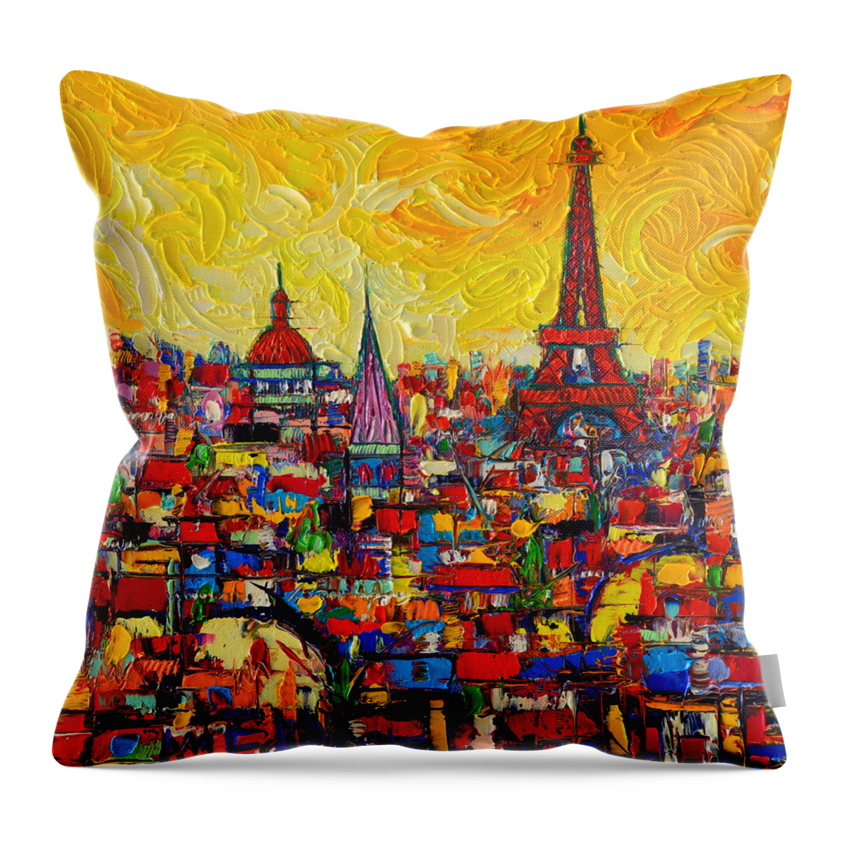Paris Throw Pillow featuring the painting Vibrant Paris Abstract Cityscape Impasto Modern Impressionist Palette Knife Oil Ana Maria Edulescu by Ana Maria Edulescu