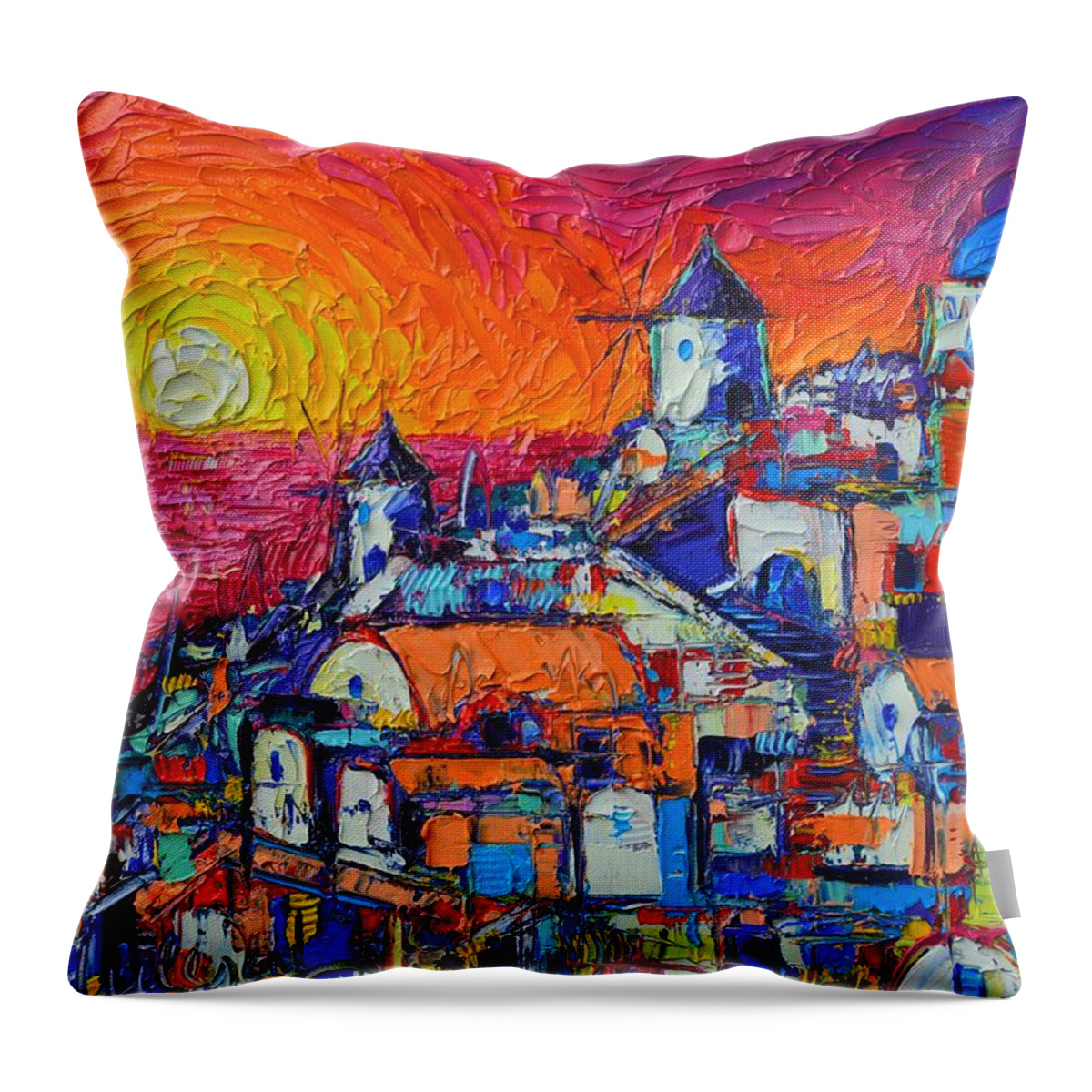 Santorini Throw Pillow featuring the painting ABSTRACT SANTORINI OIA SUNSET cityscape impasto palette knife oil painting by Ana Maria Edulescu by Ana Maria Edulescu