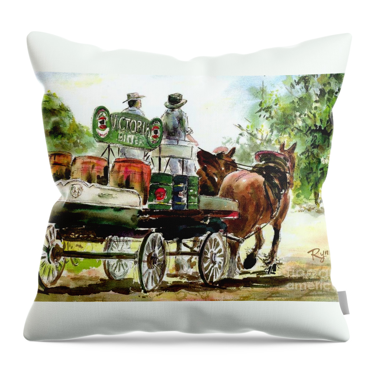 Clydesdale Throw Pillow featuring the painting Victoria Bitter, Working Clydesdales. by Ryn Shell