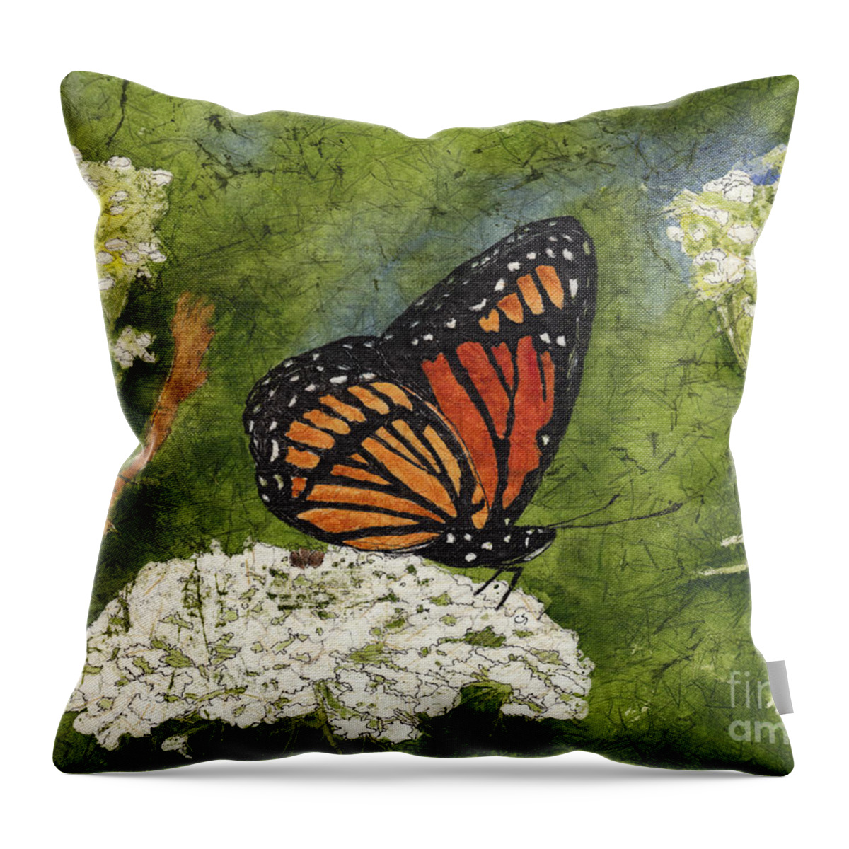 Butterfly Throw Pillow featuring the painting Viceroy Butterfly on Queen Anne's Lace Watercolor Batik by Conni Schaftenaar