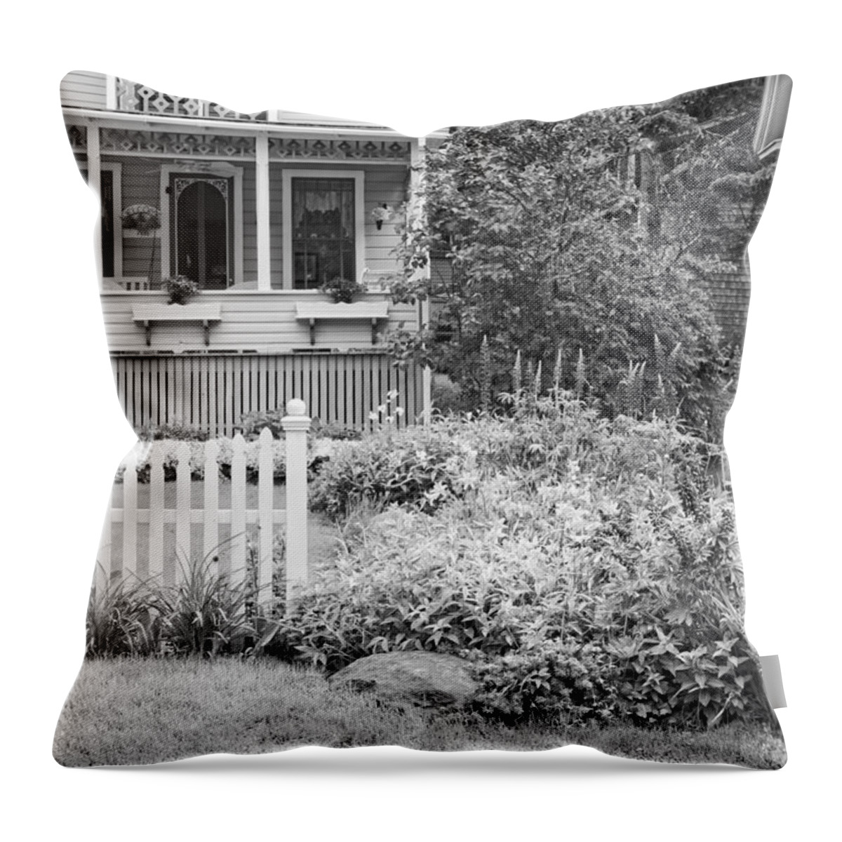 Cottage Throw Pillow featuring the photograph Victorian Style Cottage Northport Maine Black and White Photo by Keith Webber Jr