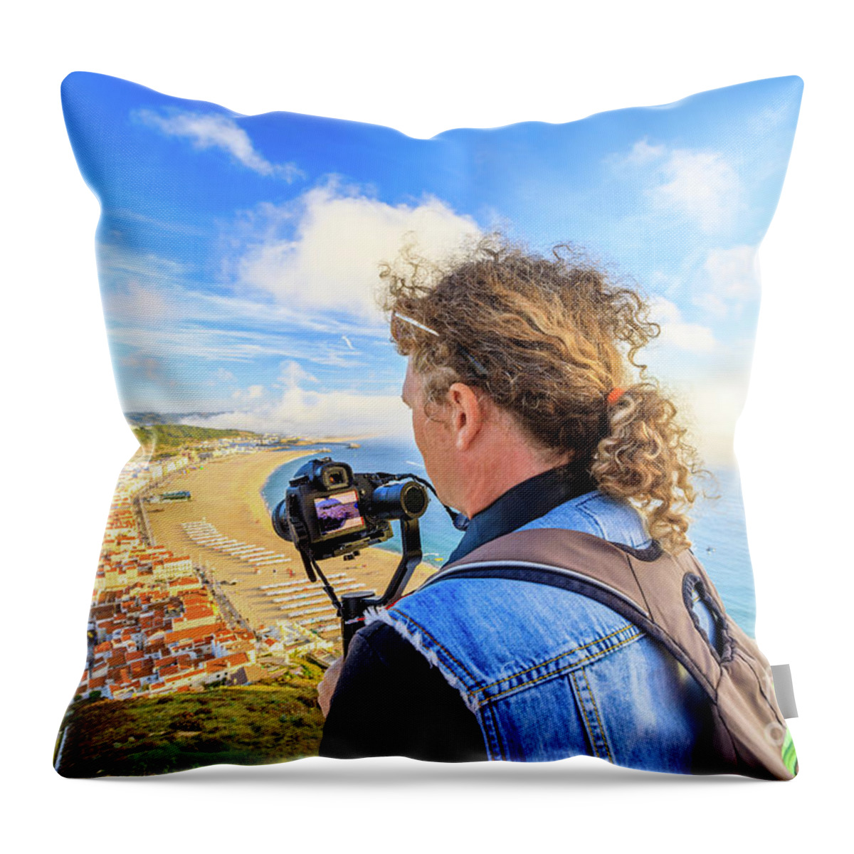 Nazare Portugal Throw Pillow featuring the photograph Video photographer in Portugal by Benny Marty