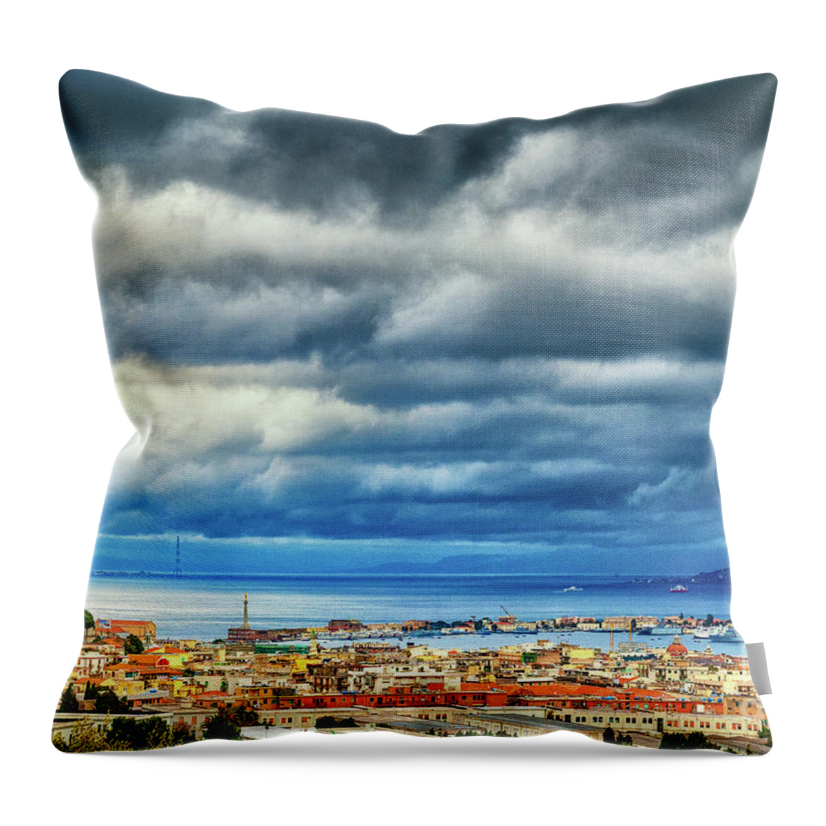 City Throw Pillow featuring the photograph View of Messina Strait Sicily with dramatic sky by Silvia Ganora