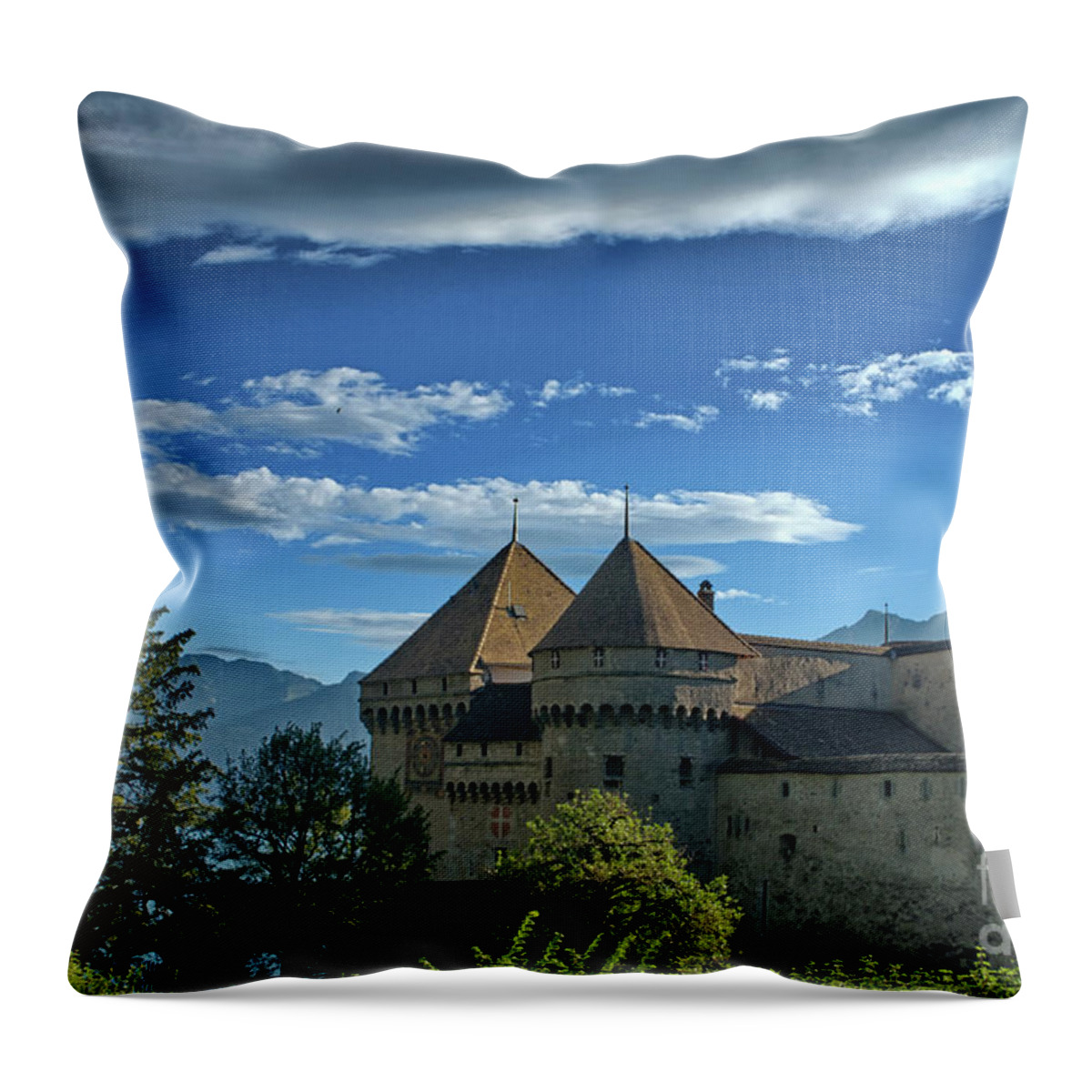 Michelle Meenawong Throw Pillow featuring the photograph view on the Chillon Castle by Michelle Meenawong