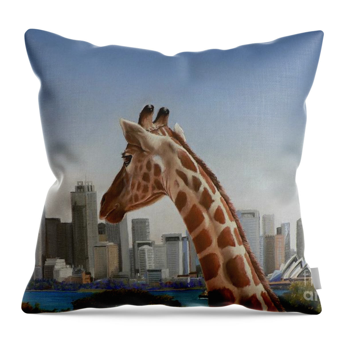 Giraffe Throw Pillow featuring the pastel View Towards Sydney by Louise Green