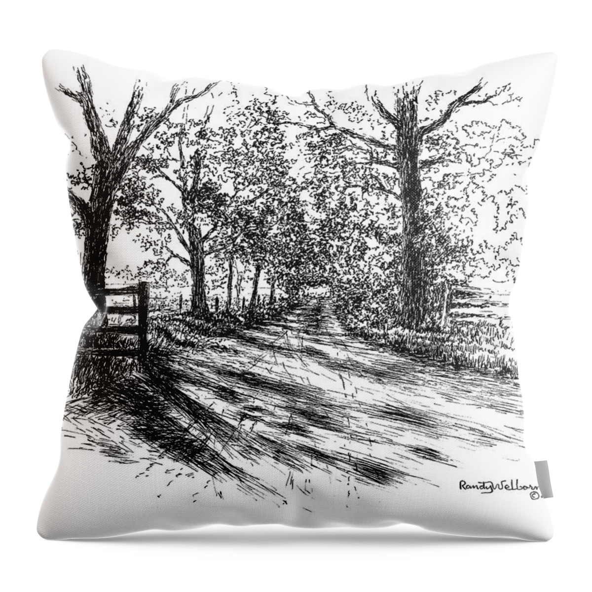 Villa Road Throw Pillow featuring the drawing Villa Road at Sunset by Randy Welborn