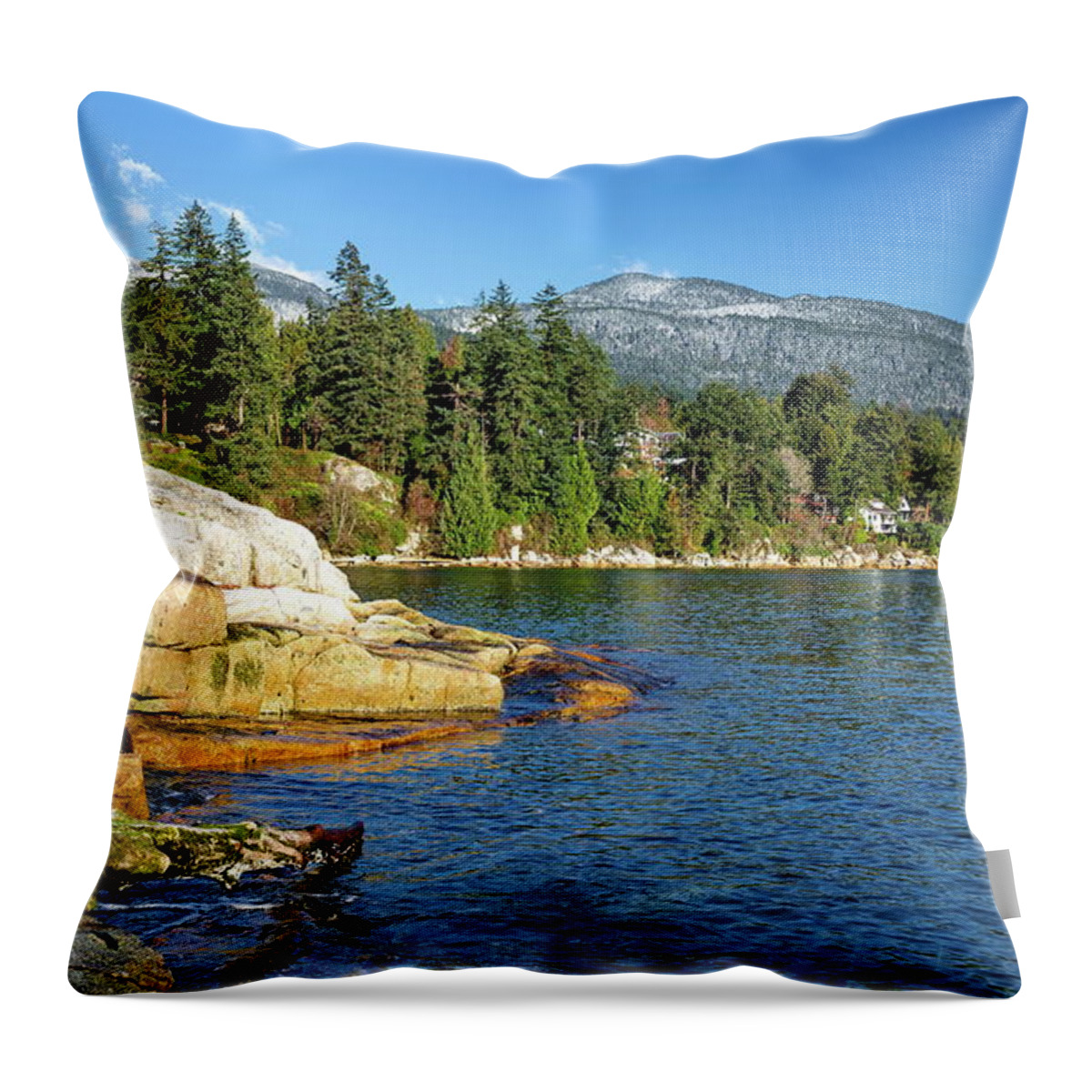 Alex Lyubar Throw Pillow featuring the pyrography Shore of the northern sea against the backdrop of a mountain ridge by Alex Lyubar