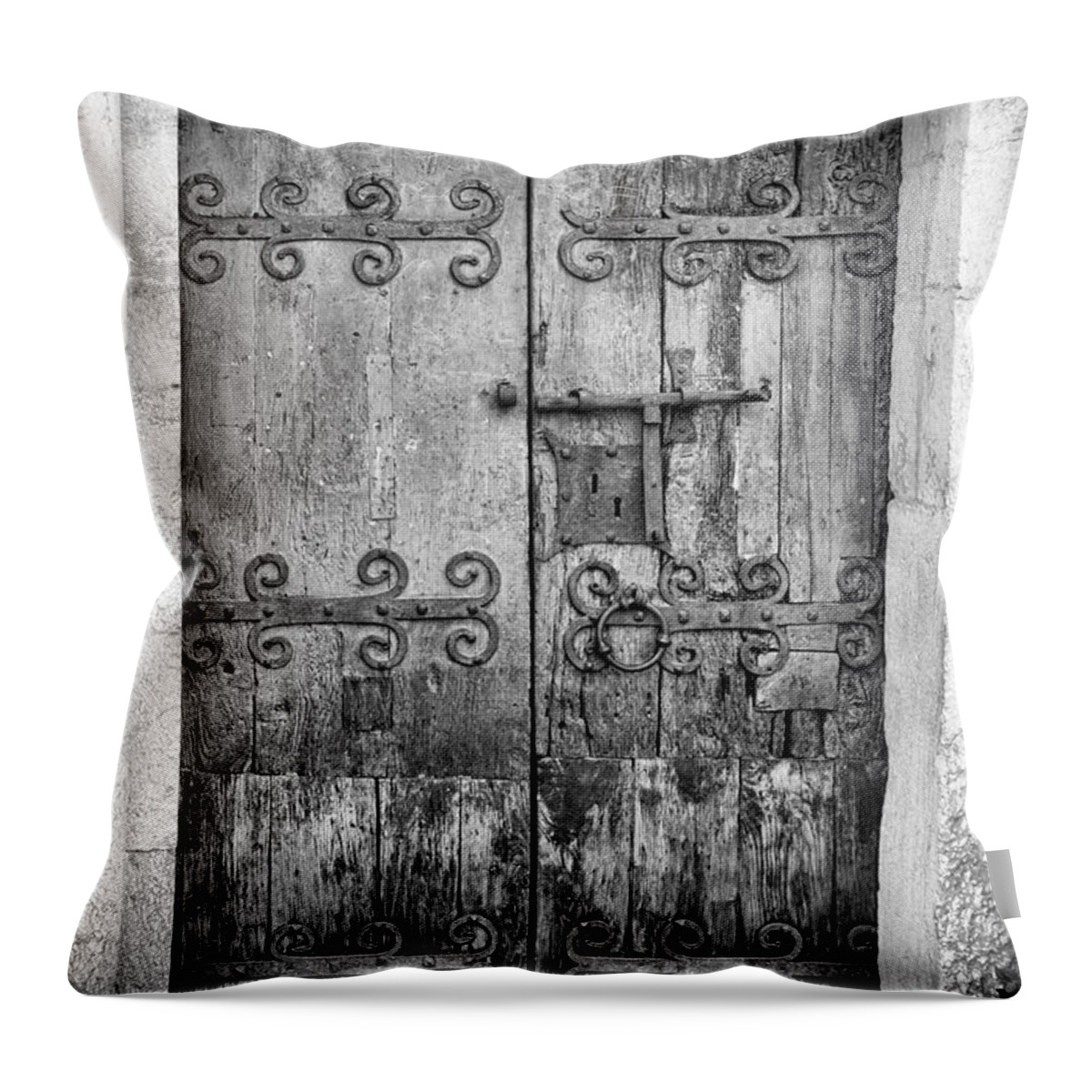 France Throw Pillow featuring the photograph Villefranche de Conflent Old Door Black White France by Chuck Kuhn