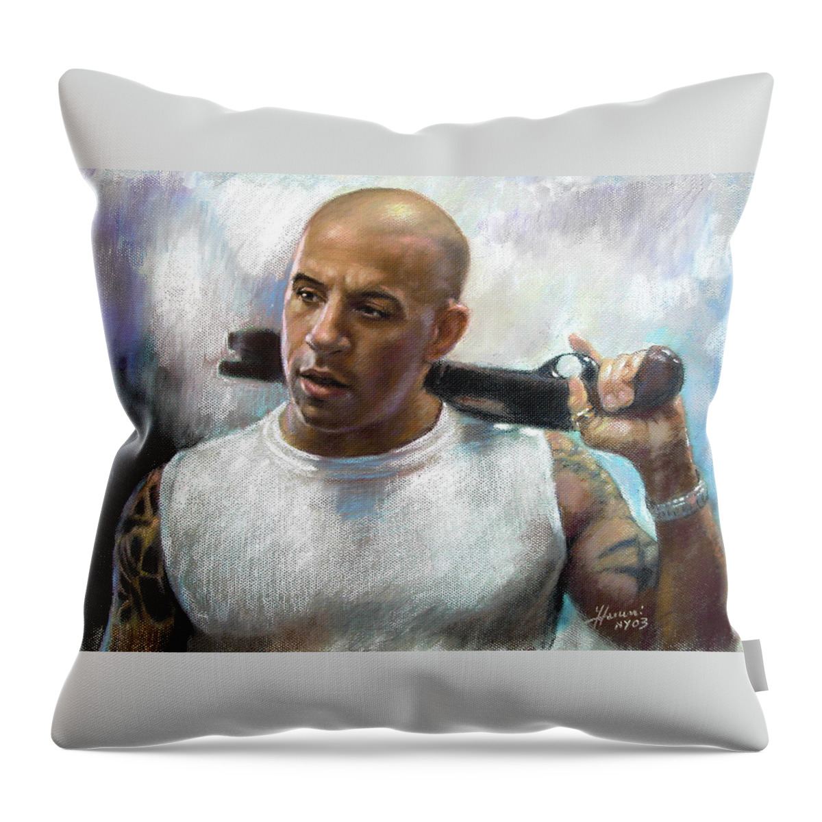 Vin Diesel Throw Pillow featuring the pastel Vin Diesel by Ylli Haruni