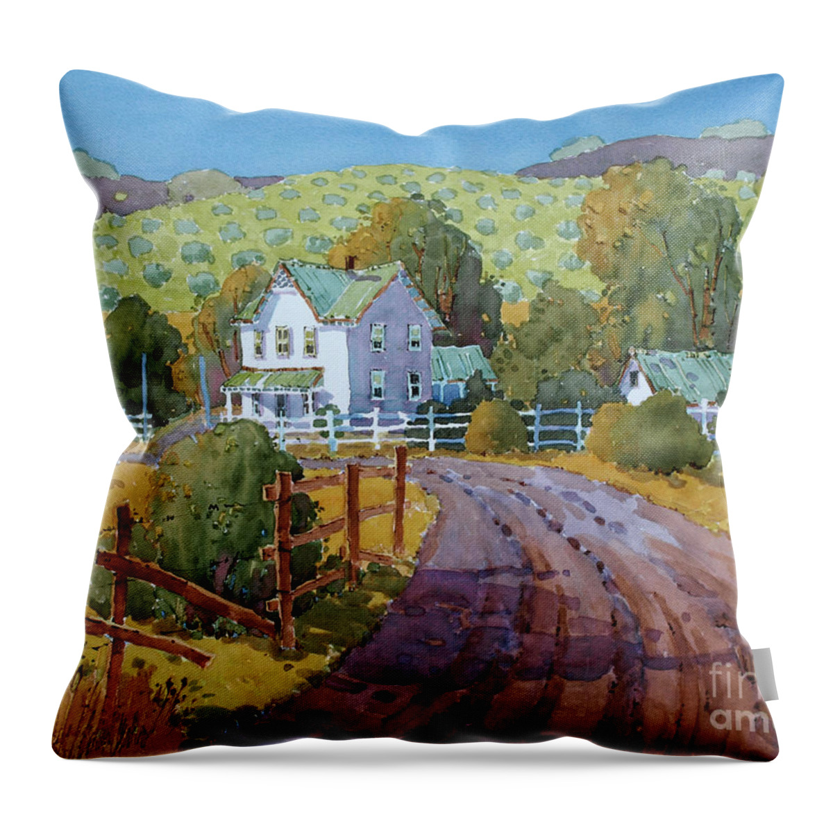 Landscape Throw Pillow featuring the painting Vineyard Farm in Cambria by Joyce Hicks