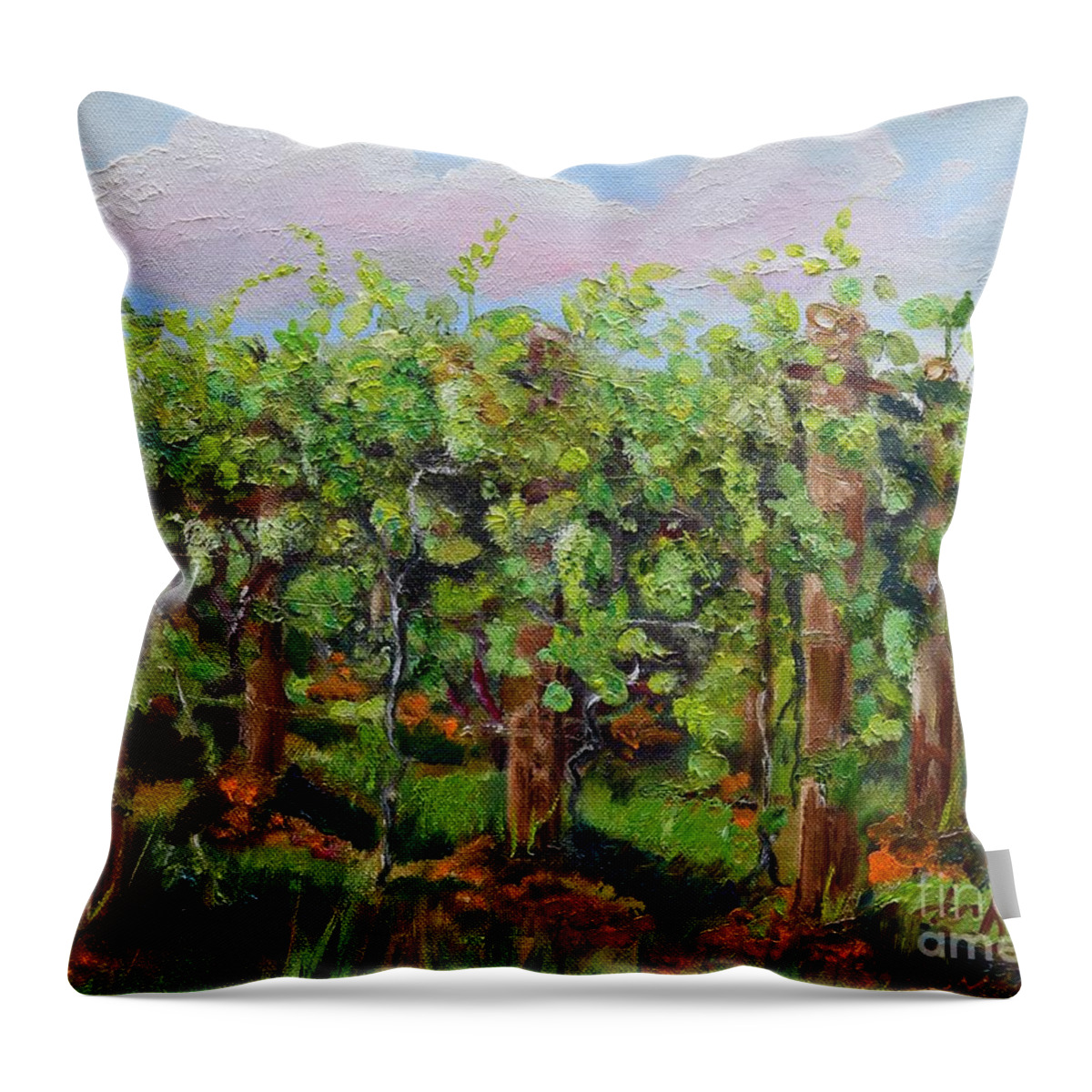 Plein Air Painting Throw Pillow featuring the painting Vineyard of Chateau Meichtry - Ellijay GA - Plein Air Painting by Jan Dappen