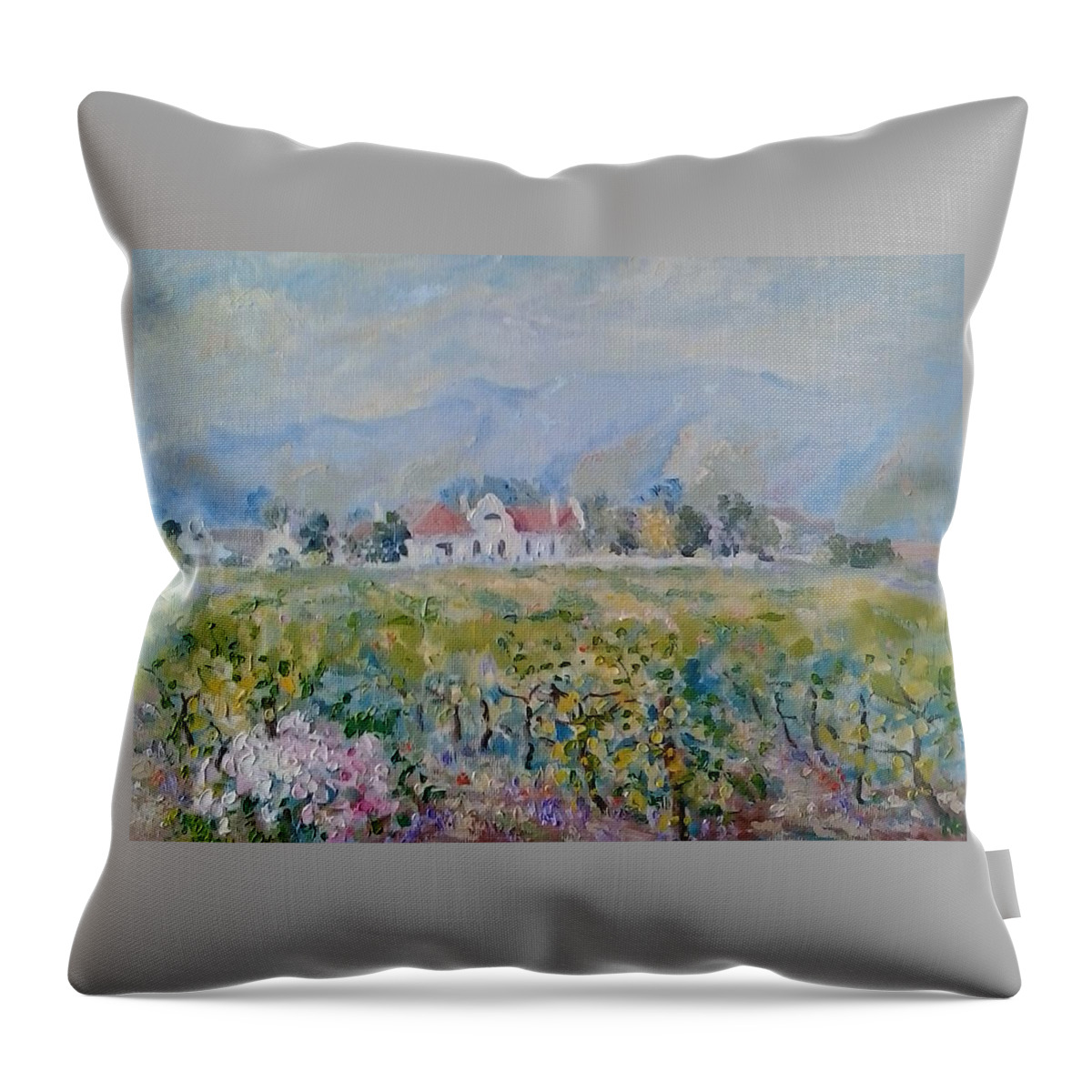 Grey Sky Throw Pillow featuring the painting Vineyards at Excelsior in Summer by Elinor Fletcher