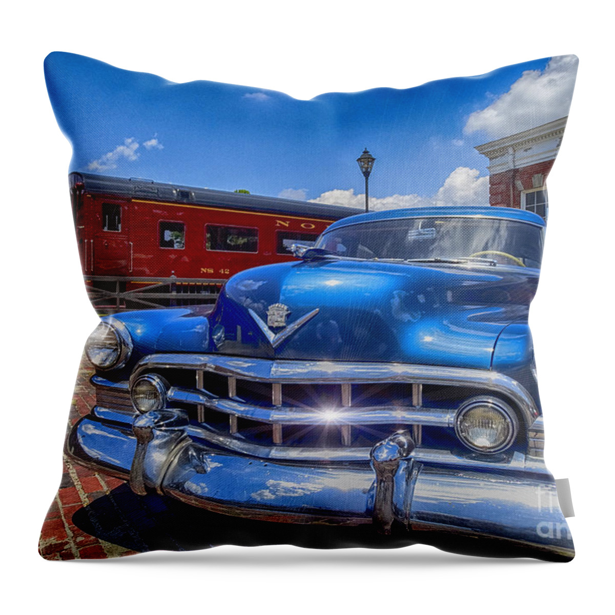 Photoshop Throw Pillow featuring the digital art Vintage Blue Cadillac by Melissa Messick