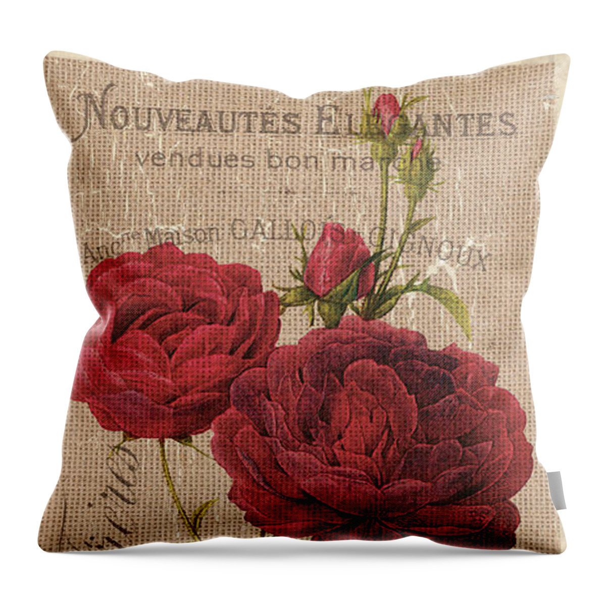 Floral Throw Pillow featuring the painting Vintage Burlap Floral 3 by Debbie DeWitt