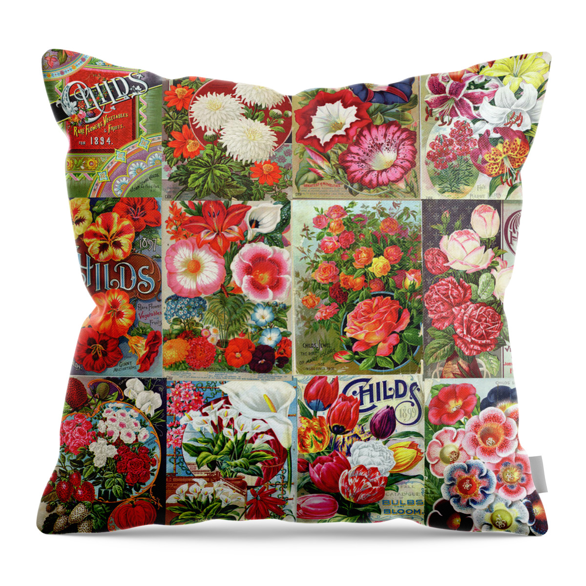 Childs Nursery Throw Pillow featuring the photograph Vintage Childs Nursery Flower Seed Packets Mosaic by Peggy Collins