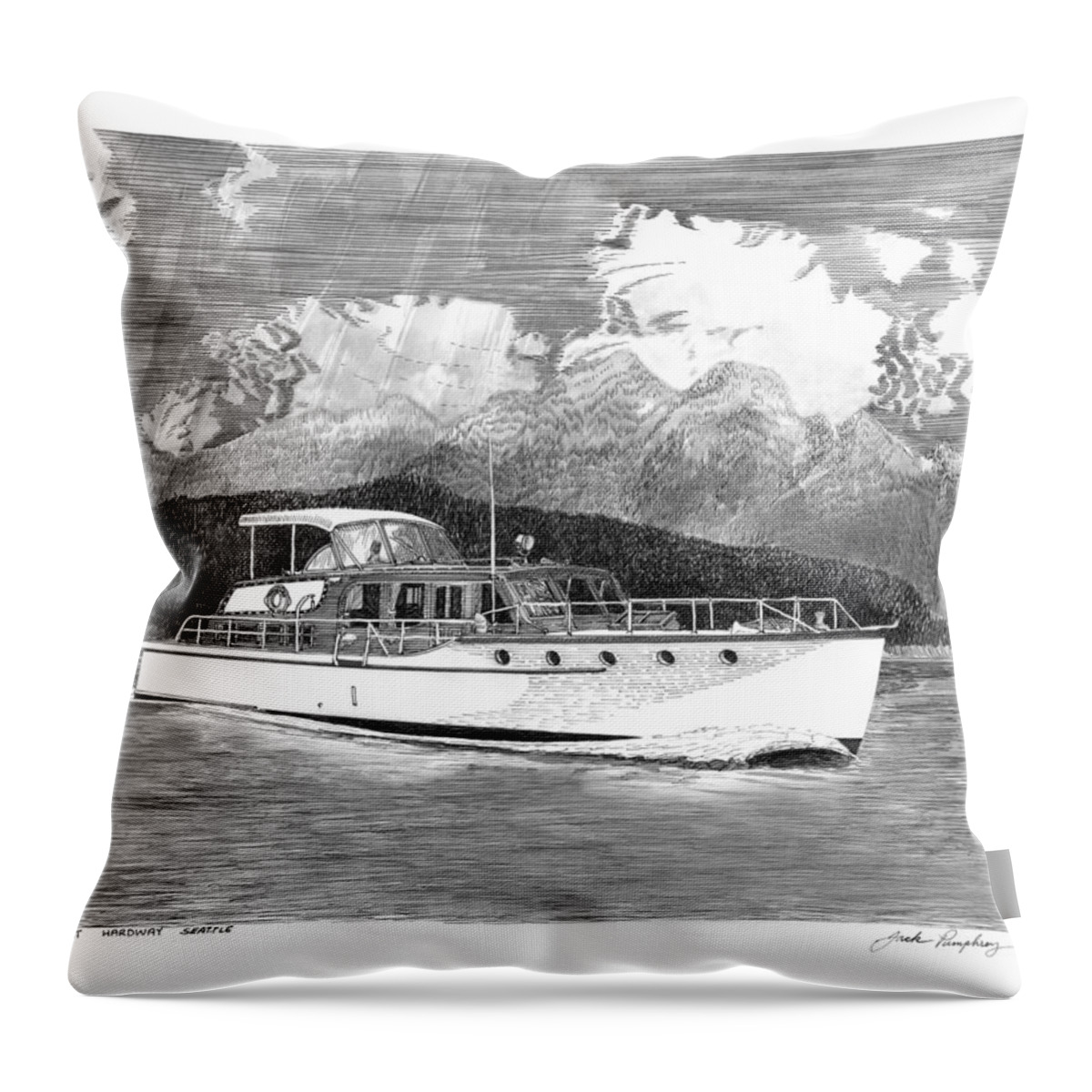 Ink & Watercolor Drawing-painting Of A Classic 46' Motoryacht That I Did 20 Years Ago Throw Pillow featuring the painting 1955 classic Motoryacht by Jack Pumphrey