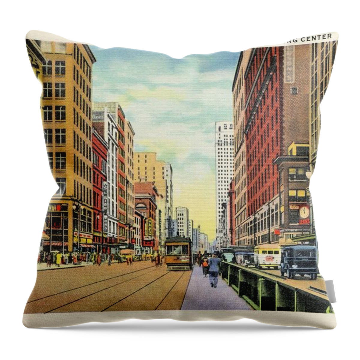 Detroit Throw Pillow featuring the digital art Vintage Detroit Woodward Avenue by Heidi De Leeuw