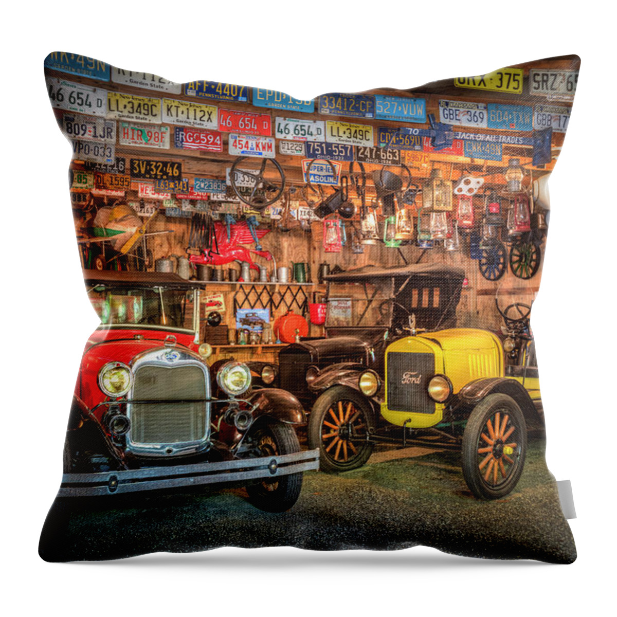 Appalachia Throw Pillow featuring the photograph Vintage Fords Collectibles by Debra and Dave Vanderlaan
